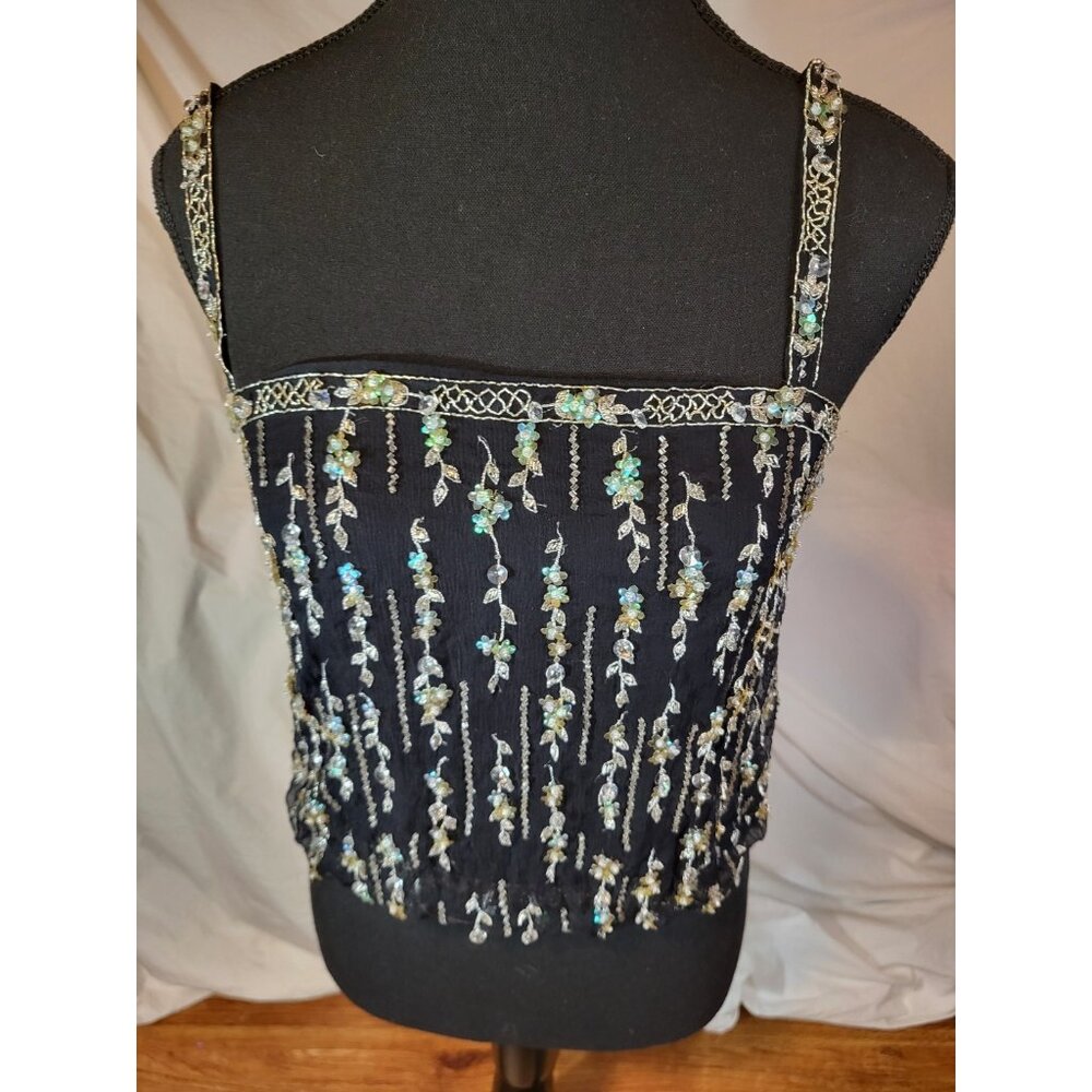 Shawn‎ Ray Fons Silk Beaded Black Tank Top